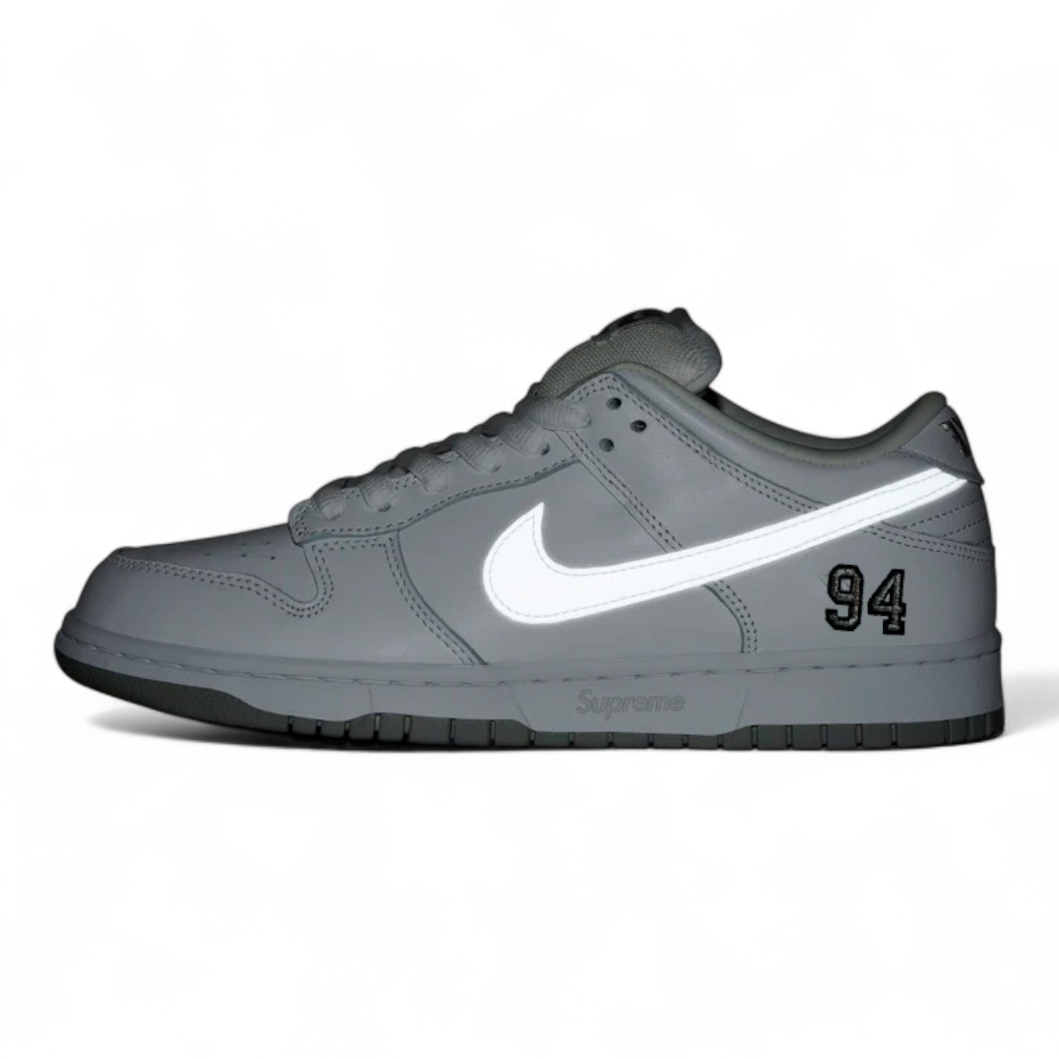 Supreme × Nike SB Dunk Low \"White/Silver Nike SB Dunk Low Supreme 94 White Metallic Silver Men's